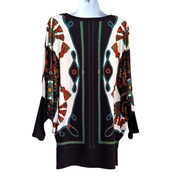 Eva Varro Colorful Ornate Chain Tassel Print Maximalist Dolman Cruise Wear Top M - Picture 2 of 14